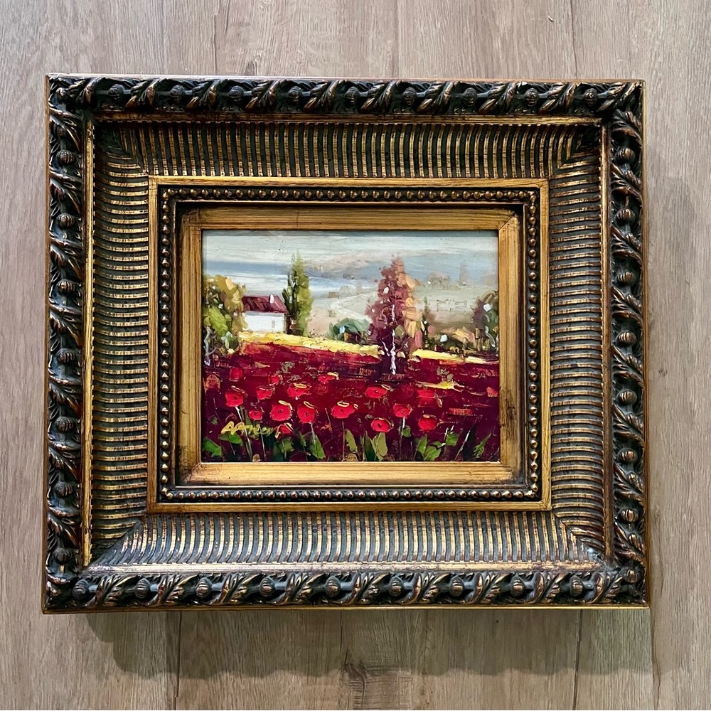 Antique Certified Original Oil Painting, Country Red Flowers,‎ Signed By Afremov